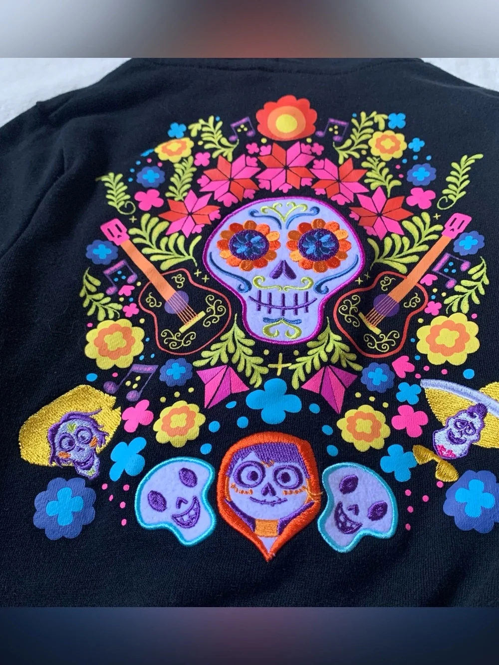 Disney Parks Kids Black Coco Hoodie with Colorful Sugar Skull Back Graphic Size
